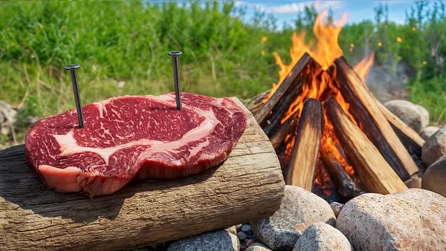 木柱上的多汁牛排_乡村户外烹饪