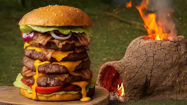 用粘土烤箱和手工面包在森林里制作一个2.5公斤的巨型汉堡