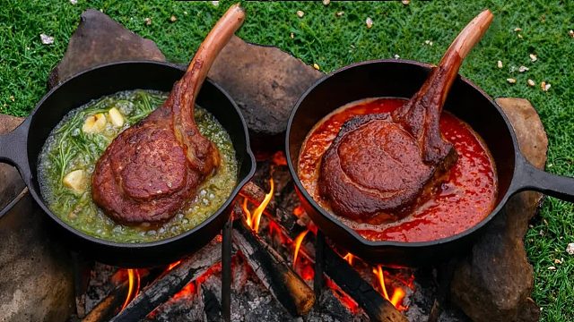 战斧牛排在火边沸腾的黄油中融化