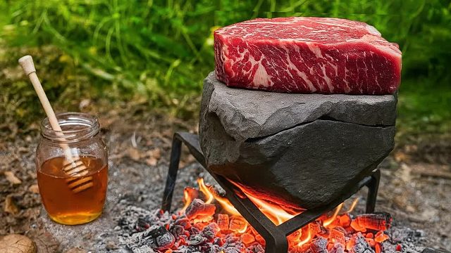 热石肋眼牛排_用大蒜面包和烟熏威士忌进行丛林烹饪