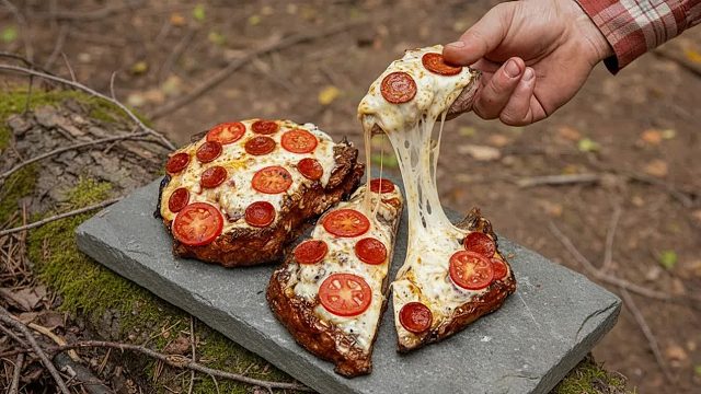 森林披萨牛排_用奶酪、西红柿和火烟烹饪厚牛排