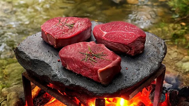 户外大蒜黄油牛排和篝火土豆