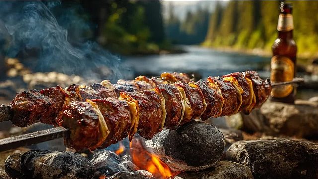 多汁的拉瓦什烤肉串在大自然中串烧