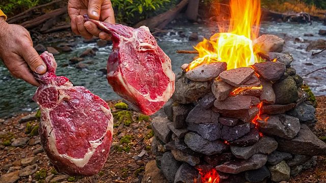 溪边多汁的战斧牛排 - 在石炉中从头开始烹制