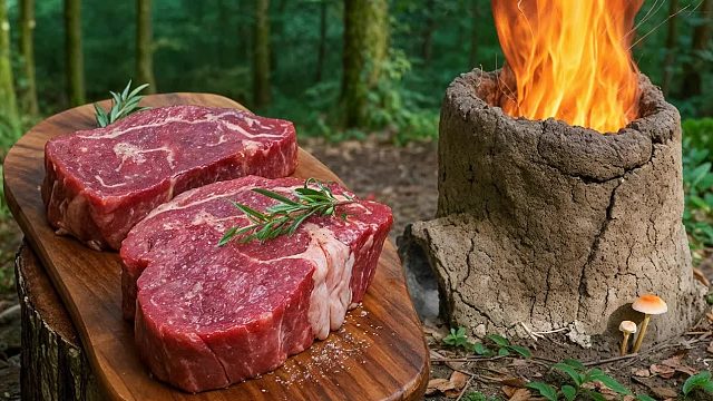 用泥土和木棍建造的粘土烤箱进行原始牛排烹饪