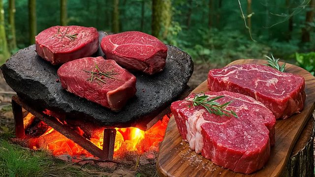 野外原始牛排烹饪_Bushcraft篝火牛排合集