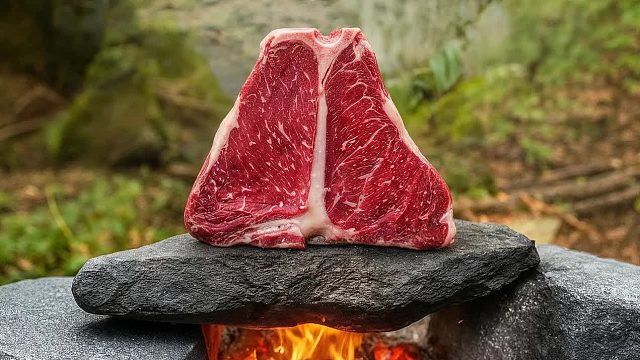 用热石火烹制丁骨牛排和无花果