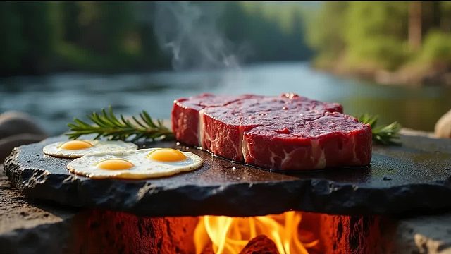 原始烹饪——野外热石上的肋眼牛排