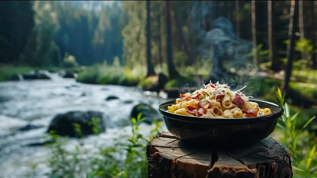 在森林中户外烹制的正宗意大利培根蛋面