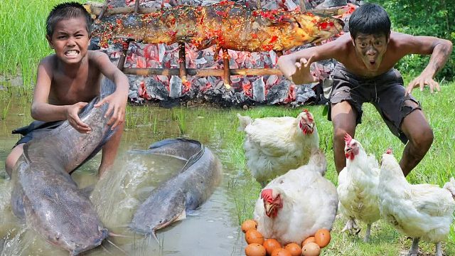 原始技术——今天在森林里抓大鱼烤着吃