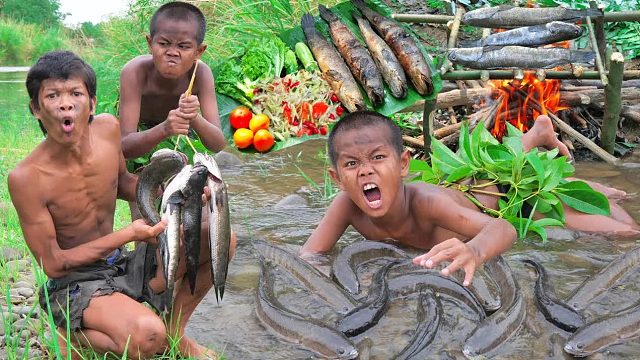 原始技术 - 捕捉鱼食品烹饪 - 烹饪食谱饮食秀