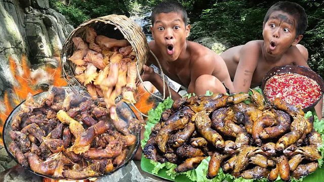 原始技术-鸡头在森林里烹饪美味