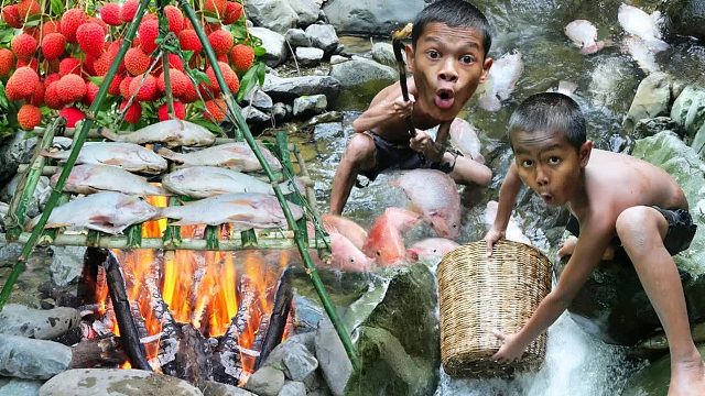 原始技术-做饭吃美味-瀑布篮轻松钓红鱼