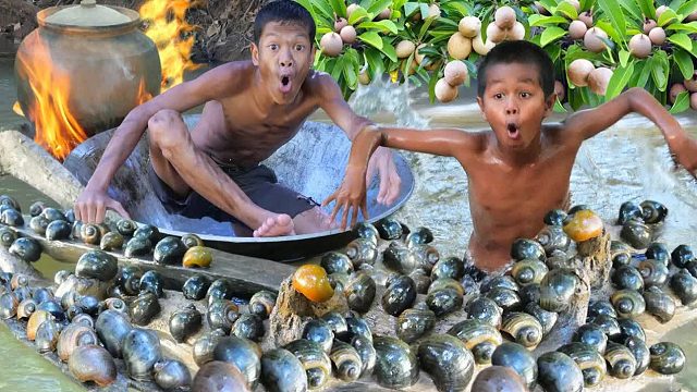 原始技术-烹饪蜗牛吃食物-饮食秀