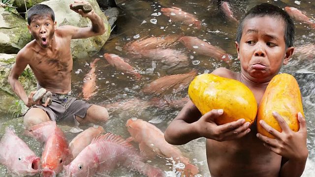 原始技术 - 在魔术中寻找食物并烹饪红鱼吃美味 - Kmeng Prey
