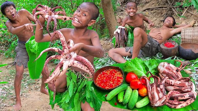 原始技术 - 手工 Outopus 烹饪食谱饮食秀