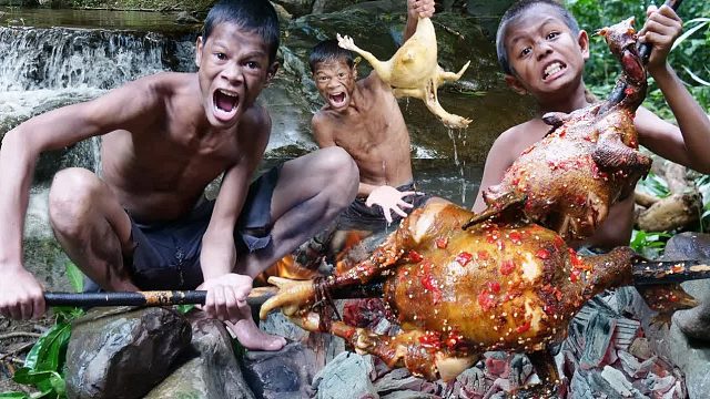 原始技术 - Kmeng Prey - 森林生存烹饪大鸡吃