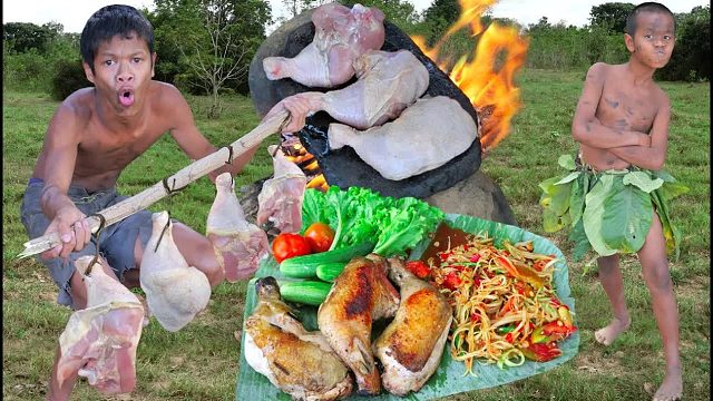 原始技术 - Kmeng Prey 烹饪鸡肉的东西 Cook On Arock