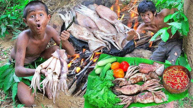 原始技术 - 丛林中的新食物食谱 - 吃鱿鱼