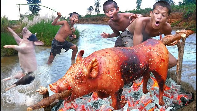 原始技术-猪做饭吃美味