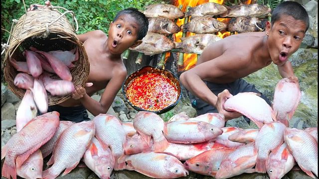 原始技术-红鱼捕获&烹饪吃得美味