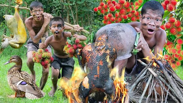 原始技术-烤烧鸭的做法-吃起来浓郁果味鲜美