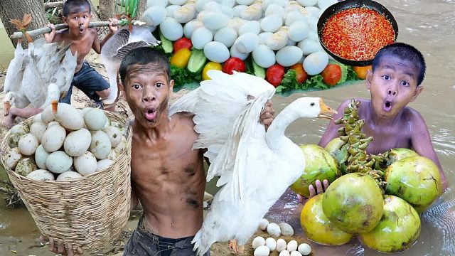 原始技术——今天用椰子水煮蛋鹅在丛林里吃