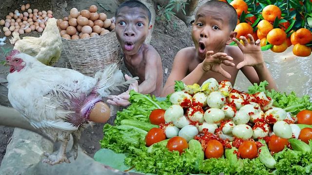 原始技术——今天在树上遇到大鸡，煮很多鸡蛋吃起来很美味