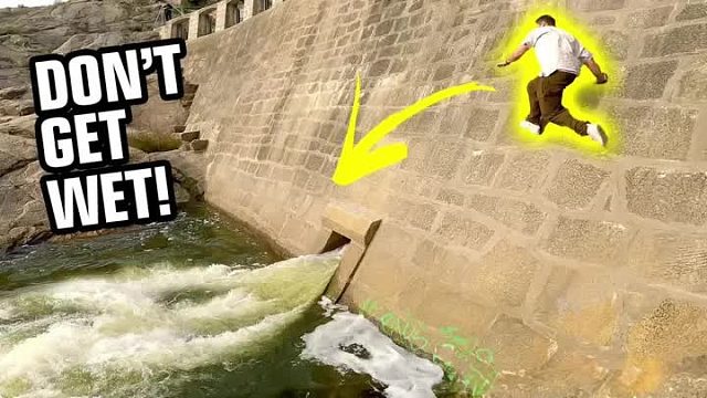 超硬核的跑墙挑战，国外跑酷团队的小伙，挑战跑过大坝上的斜坡