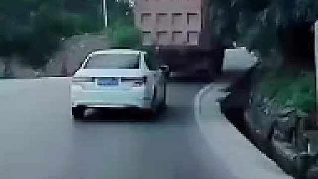 大车上不去坡溜车 白车成“垫脚石”网友：跟这么近一看就是新手