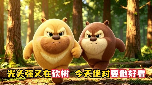 保护森林熊熊有责，光头强砍伐树木而被暴打