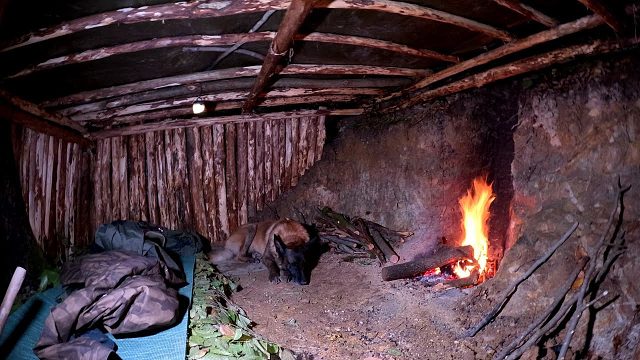 男人在丛林中搭建庇护所躲避暴雨