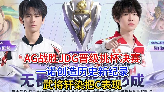 AG战胜JDG晋级挑杯决赛，一诺创造历史新纪录，武将轩染把C表现