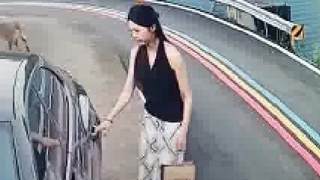 车停在台阶处，女孩开车门拿东西时不慎掉下