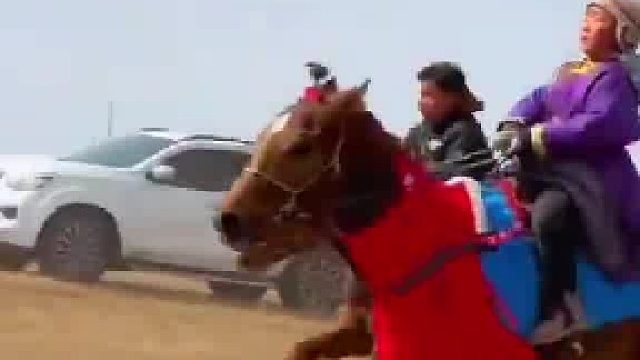 赛马途中 马鞭与马尾绞在一起小骑手随机应变