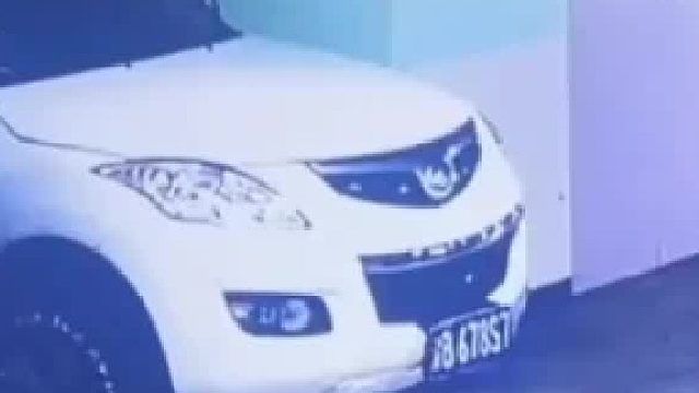 车辆停放在停车场车牌的位置突然变形，查看监控画面之后车主感到后怕。