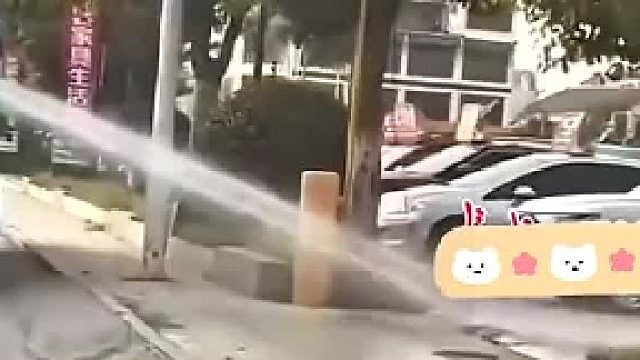洒水车为绿化带洒水作业，停在里侧的一排车被却冲到“面目全非”