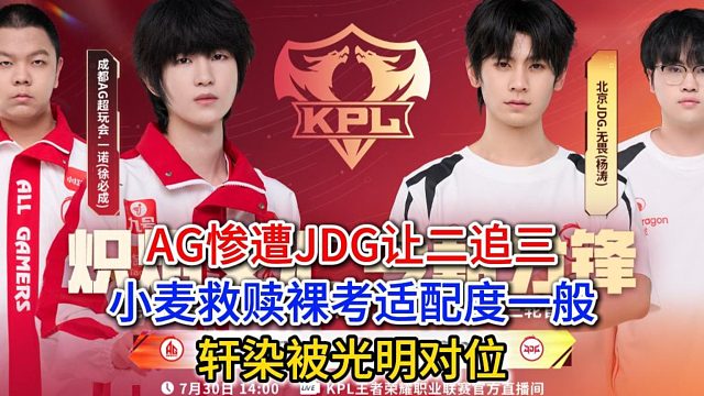 AG惨遭JDG让二追三，小麦救赎裸考适配度一般，轩染被光明对位