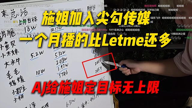 施姐加入尖勾传媒，一个月播的时长比Letme还多，AJ定流水目标无上限