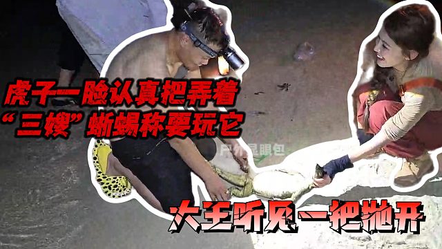 虎子一脸认真把弄着“三嫂”蜥蜴称要玩它，大王听见一把抛开