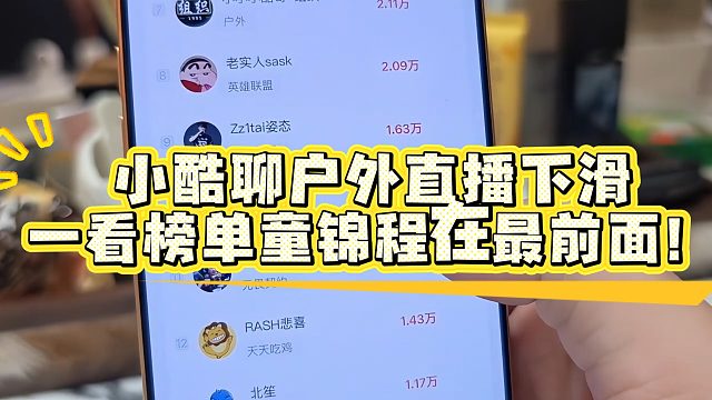 小酷聊户外直播下滑，一看榜单童锦程在最前面！