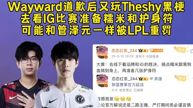 Wayward向IG道歉后又玩Theshy黑梗，去看IG比赛准备糯米和护身符，可能被重罚！