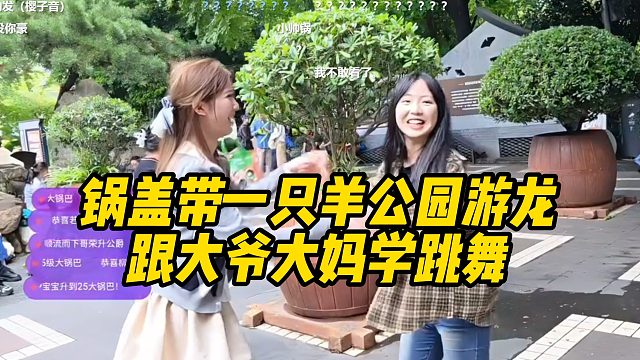 锅盖带一只羊公园游龙，跟大爷学跳舞！