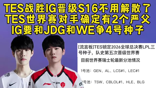 TES战胜IG晋级S16不用解散了，TES世界赛首轮对手确定有2个严父，IG要和JDG和WE争4号种
