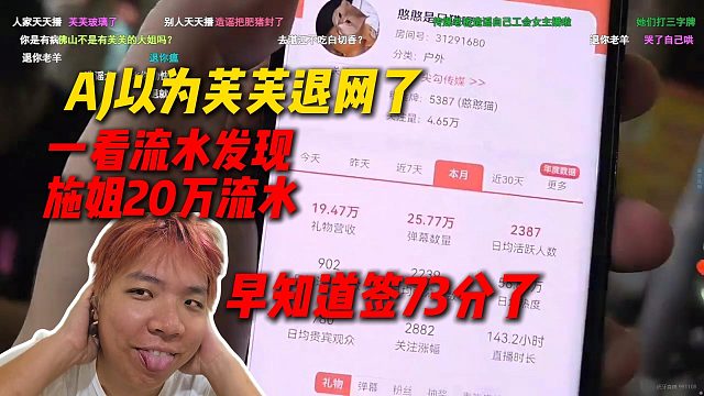 AJ以为芙芙退网了，一看流水发现施姐20万流水，巨后悔早知道签73分了