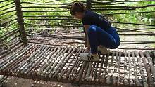 一个女人野外生存：搭建好木房和亭户以后，现在又一个人搭建床铺