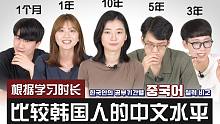  根据学习时长比较韩国人的中文水平（1个月、1年，3年，5年，10年）