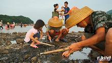 渔村兄弟实拍广东阳江海陵岛退大潮，上千人赶海挖螺，场面壮观