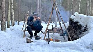 挪威小哥阿斯比荒野生活-3天独自在冬季森林-维基庇护所-丛林旅行和技能-在降雪中露营
