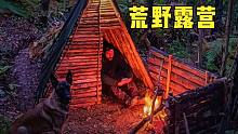 一人一狗森林里野营-在大雨和雷声中露营过夜，在森林的枯树上建造了我的庇护所，为期2天的丛林探险